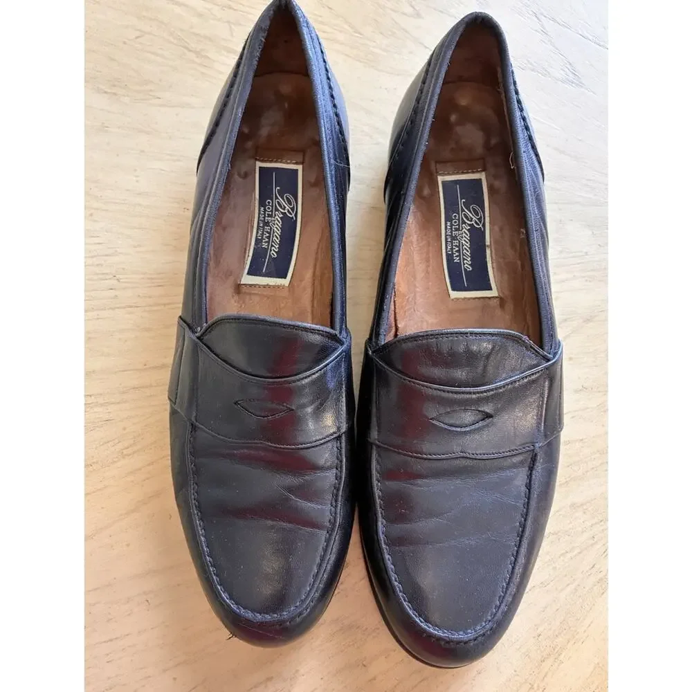 Vintage Bragano Cole Haan Italy Men 9.5 N Black Leather Dress Shoe Penny Loafers